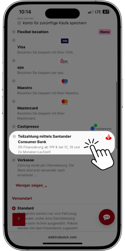 Zahlungsart Santander wählen